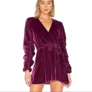 Tularosa Tawney Velvet Mini Dress Burgundy Ruched Sleeve Faux Wrap Party